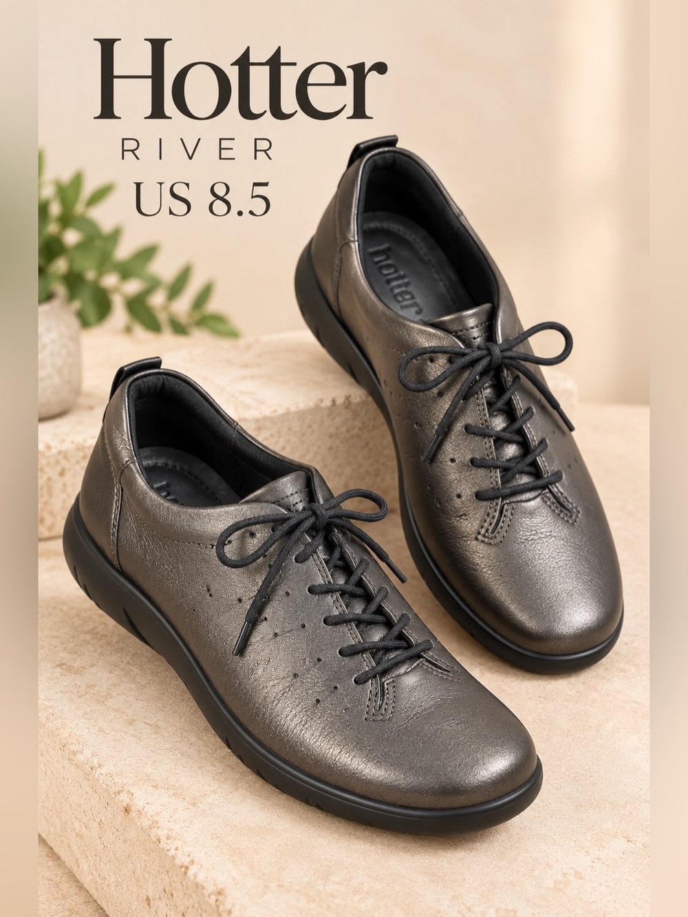 Hotter River Dark Pewter Leather Lace-Up Comfort Shoes US 8.5
